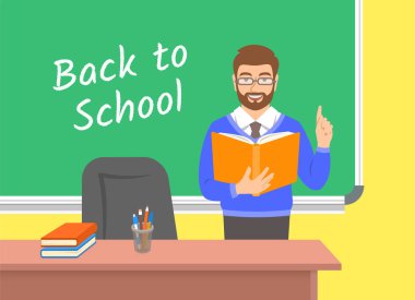 Sınıfta blackboard, Açık kitap ile ayakta Öğretmen Genç adam. Okul sınıf iç. Geleneksel eğitim kavramı. Vektör karikatür çizim. Geri okul afiş için.