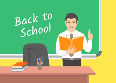 Sınıfta blackboard, Açık kitap ile ayakta Öğretmen Genç Asyalı adam. Okul sınıf iç. Geleneksel eğitim kavramı. Vektör karikatür çizim. Geri okul afiş için.