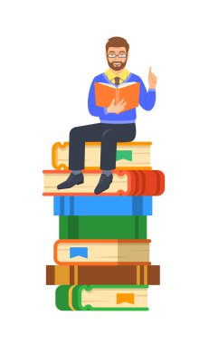 Genç adam öğretmen dev kitap yığını üzerinde oturan açık kitap okur. Okul eğitim kavramı. Vektör karikatür çizim. Zeki uzman hisse bilgi. Beyaz izole