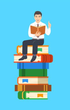 Genç Asyalı adam öğretmen dev kitap yığını üzerinde oturan açık kitap okur. Okul eğitim kavramı. Vektör karikatür çizim. Zeki uzman hisse bilgi.