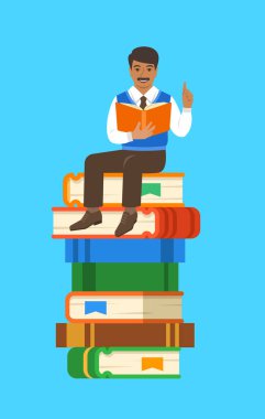 Hintli adam öğretmen dev kitap yığını üzerinde oturan açık kitap okur. Okul eğitim kavramı. Vektör karikatür çizim. Zeki uzman hisse bilgi.