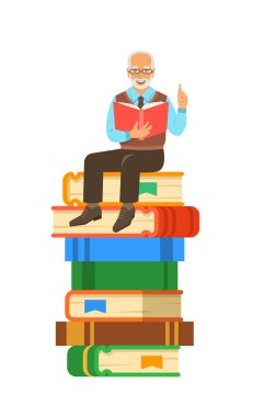 Yaşlı adam öğretmen dev kitap yığını üzerinde oturan açık kitap okur. Okul eğitim kavramı. Vektör karikatür çizim. Kıdemli Profesör onun bilgi paylaşıyor. Beyaz izole