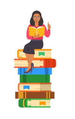 Genç siyah kadın öğretmen dev kitap yığını üzerinde oturan açık kitap okur. Okul eğitim kavramı. Vektör karikatür çizim. Zeki uzman hisse bilgi. Beyaz izole