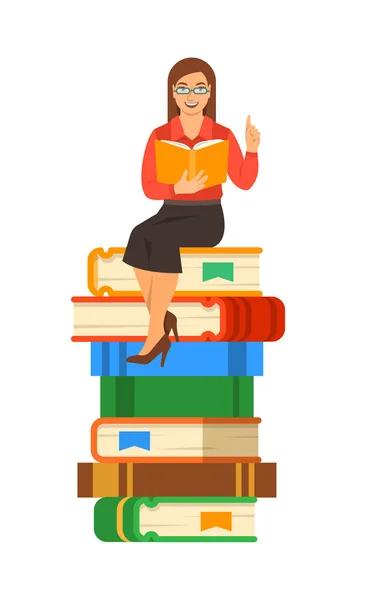 Ung Kvinna Lärare Läser Öppen Bok Sitter Trave Giant Böcker — Stock vektor