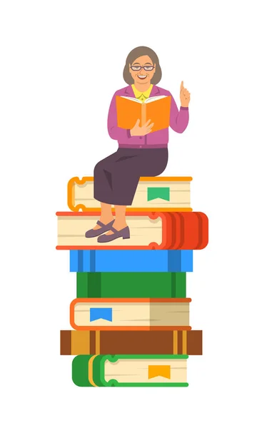 Äldre Kvinna Lärare Läser Öppen Bok Sitter Trave Giant Böcker — Stock vektor
