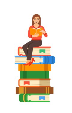 Genç kız öğrenci dev kitap yığını üzerinde oturan açık kitap okur. Lise eğitim kavramı. Vektör karikatür çizim. Sınava hazırlık kağıt kitap kullanarak. Modern eğitimli gençlik