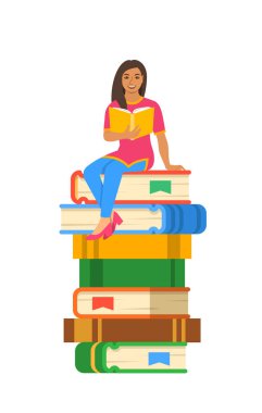 Genç Hintli kız öğrenci dev kitap yığını üzerinde oturan açık kitap okur. Lise eğitim kavramı. Vektör karikatür çizim. Sınava hazırlık kağıt kitap kullanarak. Modern eğitimli gençlik