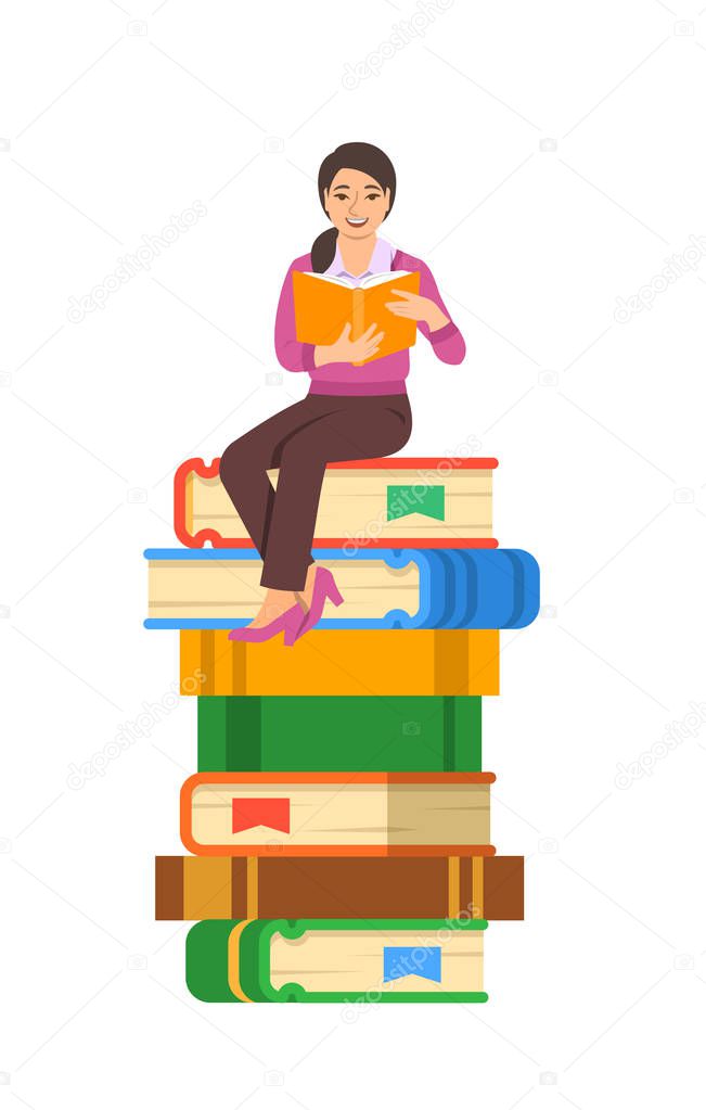 Young asian girl student reads open book sitting on stack of giant books. High school education concept. Vector cartoon illustration. Exam preparation using paper book. Modern well-educated youth