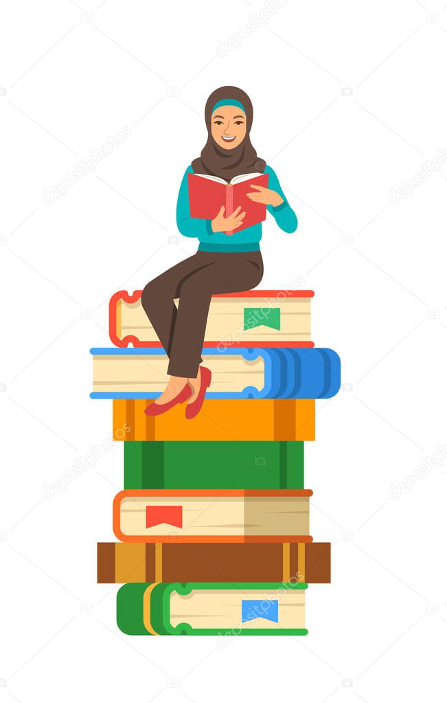Young arabic girl student reads open book sitting on stack of giant books. High school education concept. Vector cartoon illustration. Exam preparation using paper book. Modern well-educated youth