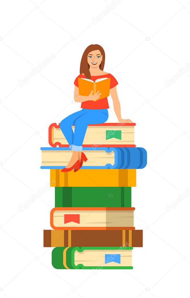 Young modern girl student reads open book sitting on stack of giant books. High school education concept. Vector cartoon illustration. Exam preparation using paper book. Modern well-educated youth