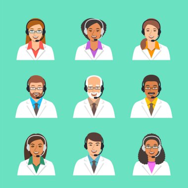 Kulaklıklar ile doktorlar avatarları. Tıbbi çağrı merkezi operatörleri. Vektör karikatür simgeleri. Müşteri bakım hizmetleri online. Hastalar yardımcıları destekler. Kadınlar ve erkekler beyaz kat olarak farklı etnik yapı