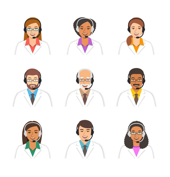 Doctors Avatars Headsets Medical Call Center Operators Vector Cartoon Icons — Stock Vector