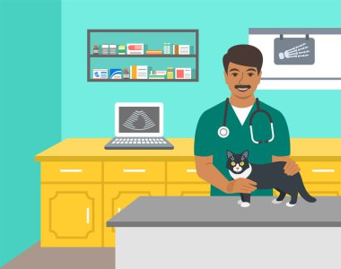 Veteriner Doktor köpek veteriner kliniğinde muayene masasında tutar. Vektör karikatür çizim. Evcil hayvan sağlık arka plan. Ev ile ilgili hayvan tedavi kavramı. Veteriner profesyonel danışmanlık