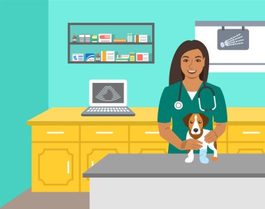 Veteriner Doktor köpek veteriner kliniğinde muayene masasında tutar. Vektör karikatür çizim. Evcil hayvan sağlık arka plan. Ev ile ilgili hayvan tedavi kavramı. Veteriner profesyonel danışmanlık