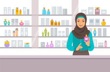 Kozmetik Arapça kız counter parfüm ve cilt bakım ürünleri raflara yakınındaki saklayın. Genç kadın satıcı şişe parfüm dükkanında yeni aroması ile sunuyor. Vektör çizgi film arka plan