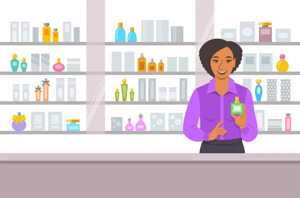Kozmetik Parfüm Cilt Bakım Ürünleri Raflara Yakınındaki Siyah Kız Counter — Stok Vektör