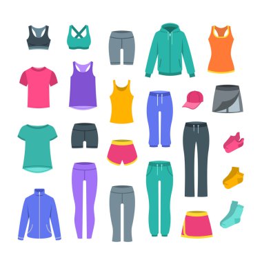 Kadın fitness eğitimi için rahat kıyafetler. Jimnastik salonu iş için temel giysiler. Vektör düz çizim. Etkin modern kız elbise. Spor stil gömlek, pantolon, ceket, başında, şort, etek ve çorap