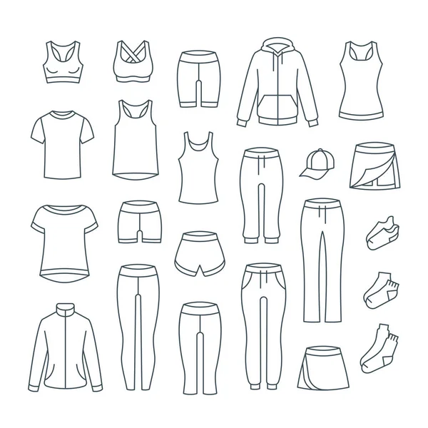 女性休闲服用于健身训练 健身房锻炼的基本服装 矢量细线图标 轮廓装备为活跃的女孩 线性运动风格的衬衫 — 图库矢量图片