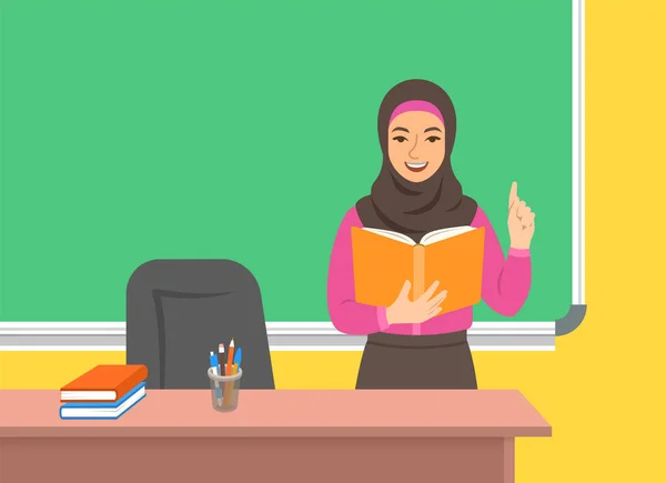 Arab Woman Teacher Hijab Standing Open Book Blackboard Classroom School — Stock Vector