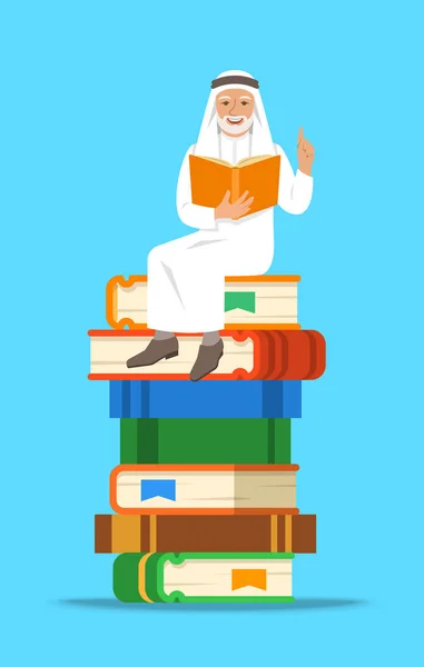阿拉伯高级教师坐在一叠巨大的书上阅读开放的书 学校教育理念 向量动画片例证 有经验的人分享知识 — 图库矢量图片