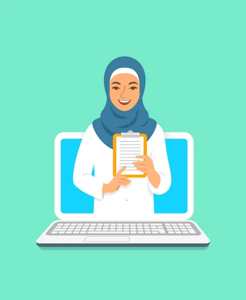 Legekonseptet Nettet Medisinsk Internettkonsultasjon Oversiktsvektorflate Illustrasjon Helsekonsulterende Nettjenester Arabisk Kvinnelig – stockvektor