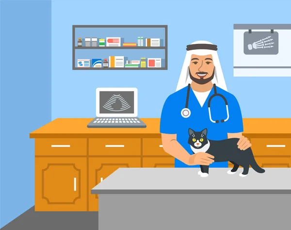 Veterinario Médico Árabe Hombre Sostiene Gato Mesa Examen Clínica Veterinaria — Vector de stock