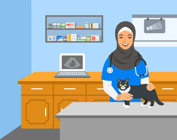 兽医医生阿拉伯妇女举行猫在检查台上的兽医诊所 向量动画片例证 宠物健康护理背景 家畜处理理念 兽医专业人员 — 图库矢量图片