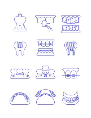 Diş Kliniği cerrahi hizmetleri ince çizgi vektör simgeler. Diş implantı, köprü, kaplama, taç kavramları. Metal, seramik, lingual ortodontik tedavi, plastik diş teli. Çıkarılabilir protez sembolü