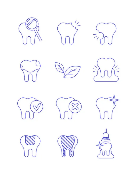 Dental Diseases Treatment Thin Line Vector Icons Caries Stained Teeth — Stock Vector