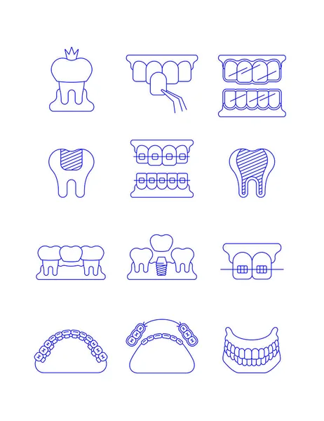 Clinique Dentaire Services Chirurgie Fine Ligne Vecteur Icônes Implants Dentaires — Image vectorielle