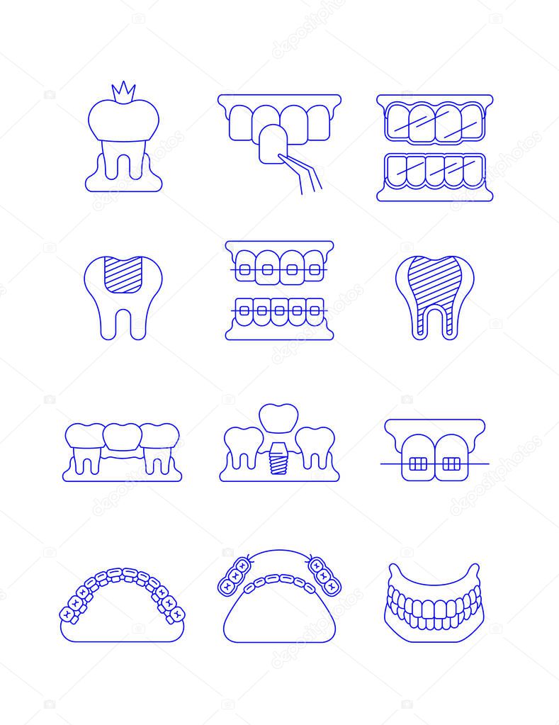 Dental clinic surgery services thin line vector icons. Dental implant, bridge, veneer, crown concepts. Orthodontic treatment such as metal, ceramic, lingual, plastic braces. Removable denture symbol