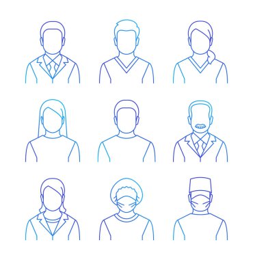 Sağlık personeli ince çizgi avatarlar vektör. Hastane uzmanları simgeler. Doktorlar, hemşireler, yardımcıları, hastalar, cerrah, Profesör. Farklı sağlık erkek ve kadın uzmanları