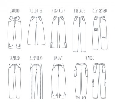 Trendy kadın kot stilleri koleksiyonu. Moda kız için modern kot pantolon Vektör düz ince çizgi simgeleri. Beyaz izole pantolon anahat illüstrasyon. İnfografik elemanlar