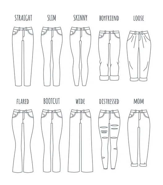 Модные женские джинсы стиль векторные тонкие линии иконы — стоковый вектор