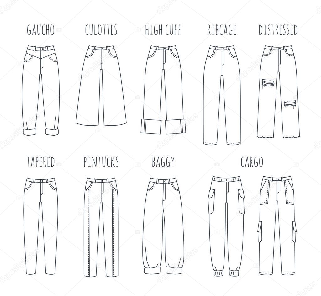 Trendy women jeans styles collection. Vector flat thin line icons of modern denim pants for fashionable girl. Outline illustration of trousers isolated on white. Infographic elements