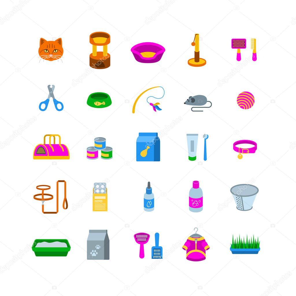 Cat accessories vector flat icons