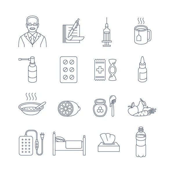 Tratamiento del resfriado y la gripe iconos de contorno de línea delgada — Archivo Imágenes Vectoriales