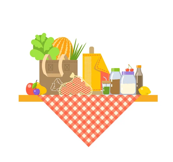 Aller vert illustration vectorielle de dessin animé végétalien. Concept plat écologique zéro déchet. Sac à provisions réutilisable avec légumes, sac en filet avec fruits, serviette en coton, bocaux en verre sur la table. Style de vie libre en plastique — Image vectorielle