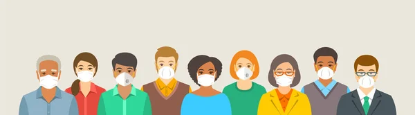 保護医療面の人々のグループ コロナウイルスの予防 インフルエンザ 都市大気汚染 スモッグ 世界の汚染された空気 Covid 19を防ぐためにマスクを着用する 社会的距離 — ストックベクタ