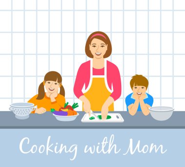 Aile yemeği. İki çocuklu anne akşam yemeği için sebze kesiyor. Çizgi film çizimi. Küçük oğul ve kız anne mutfakta yemek pişirmeye yardım eder. Evde kal konsepti