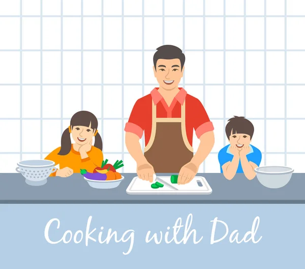 Asian Family Cooking Together Dad Two Happy Kids Cuts Vegetables — Stock Vector