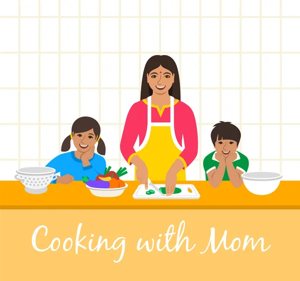 Famiglia Indiana Che Cucina Insieme Mamma Con Due Bambini Felici — Vettoriale Stock