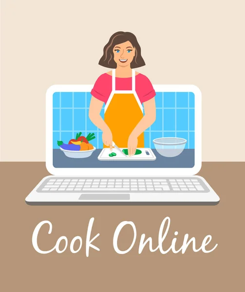 Corso Cucina Online Giovane Donna Grembiule Taglia Verdure Fresche Insalata — Vettoriale Stock