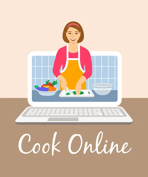 Clases Culinarias Online Mujer Joven Delantal Corta Verduras Frescas Para — Archivo Imágenes Vectoriales