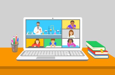 Çevrimiçi eğitim zoom 'u sanal kimya sınıfı telekonferansını arıyor. Çocuklar evde oturup kimya öğretmenlerinin test tüplerinin yanında yaptıkları kimyasal deneyi izlerler. Uzaktan eğitim Coronavirus Karantinası.