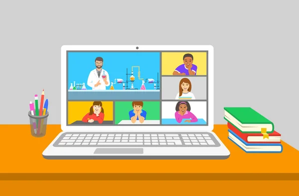 Educação Online Zoom Chamada Aula Química Virtual Teleconferência Crianças Ficam —  Vetores de Stock