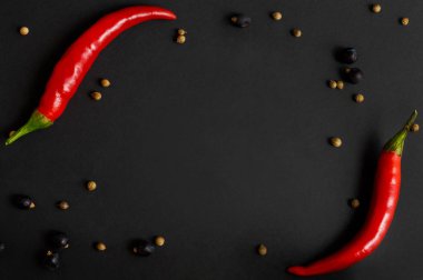 Biber ve siyah bir zemin üzerine farklı baharatlar. Kopya alanı ile. Düz-lay, en iyi görünümü.