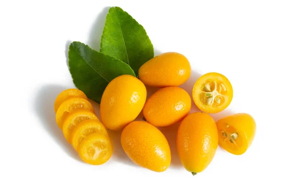 Cumquat or kumquat with leaf isolated on white background. Close up. — Stock Photo, Image