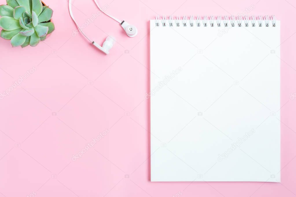 Working space: notepad, headphones and succulent flower on pink background. Minimalism, flat-lay, top view, copy space.