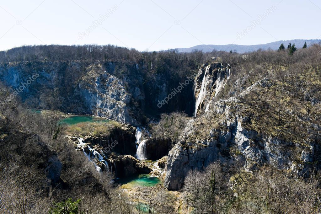 Lakes and waterfalls of Plitvice Lakes in Croatia during early spring.